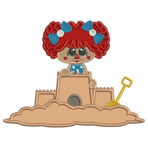 Little Girl Playing Building a Sand Castle Applique Machine Embroidery Design Digitized Pattern